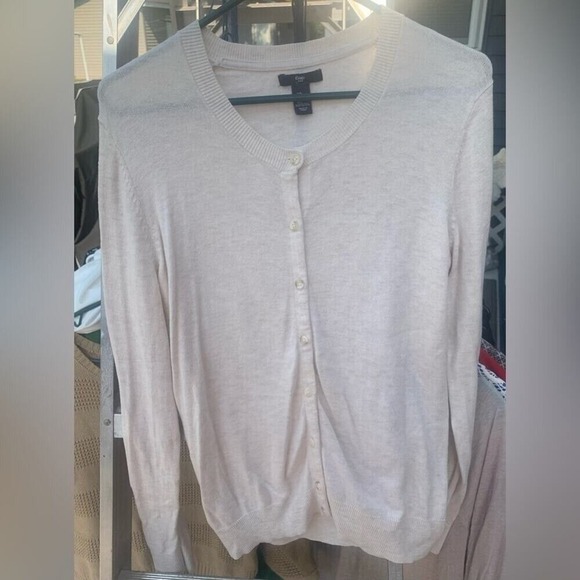 Gap Women's Ribbed Crewneck‎ Cardigan Sweater Sand Khaki Size L - Picture 1 of 3